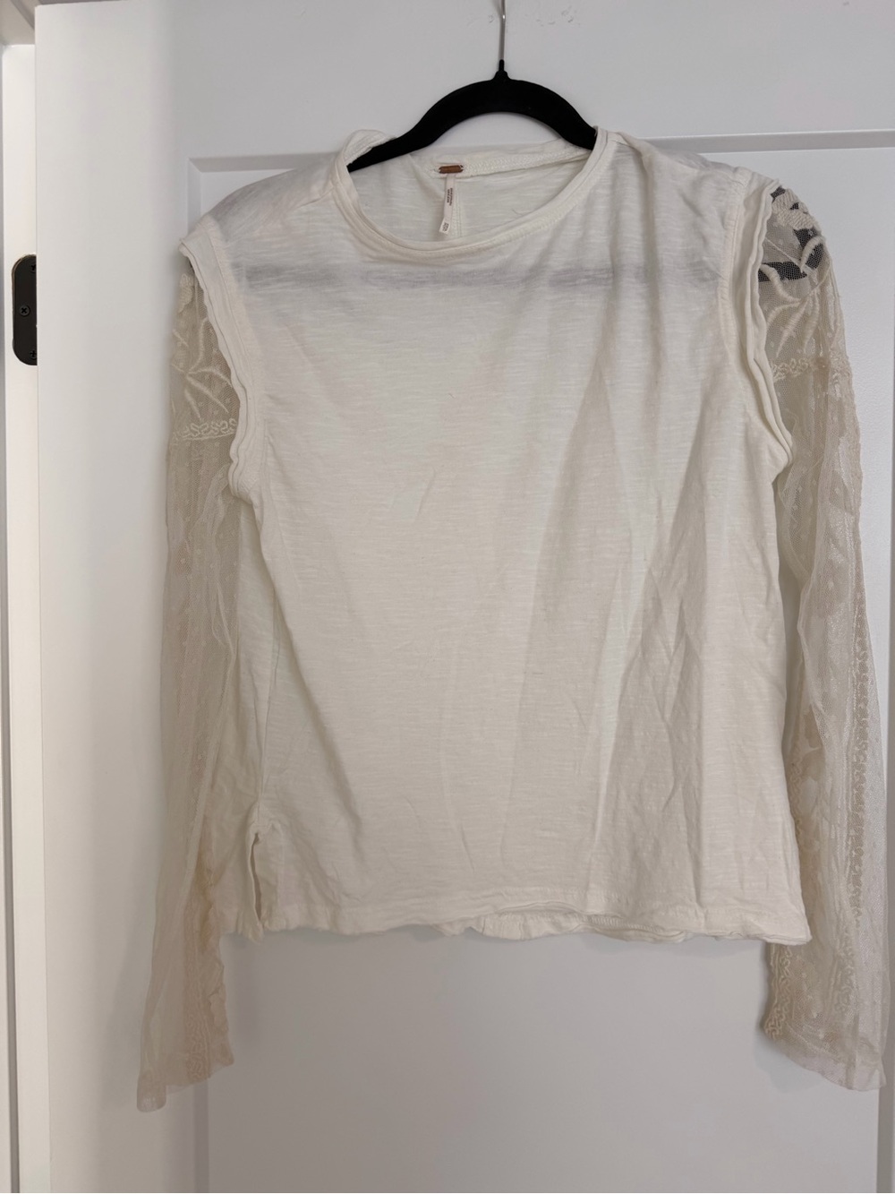 Free People Cream Long Sleeve Lace-Sleeve Top
